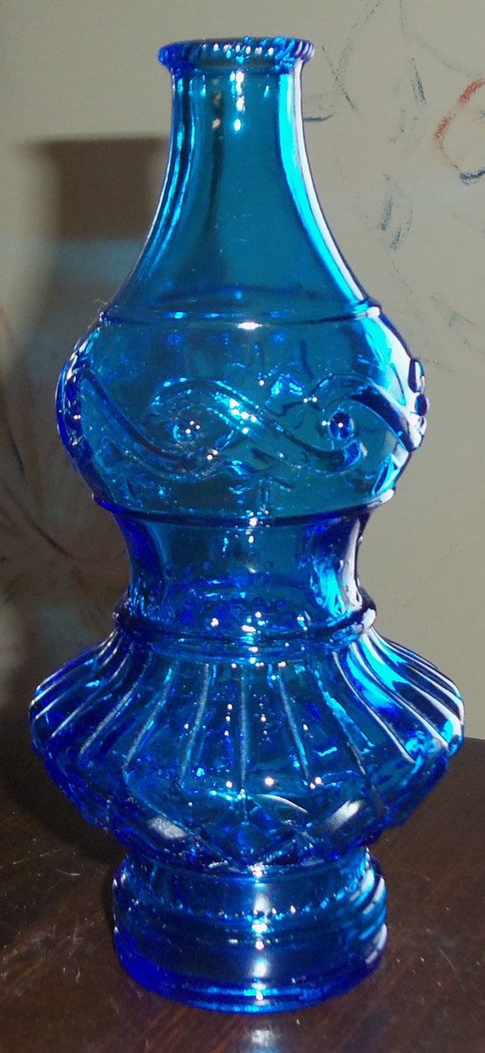 WHEATON Glass BLUE Scroll Hourglass Shape BOTTLE