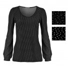 Romantic Long Sleeves Top\Small Flowers Blouse\U Neckline Top\Black&White Top