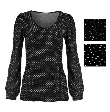 Romantic Long Sleeves Top\Small Flowers Blouse\U Neckline Top\Black&White Top