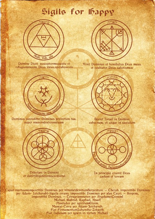 Sigils for Happy Scroll Geniuses Kabbalah poster wicca pagan print art ...