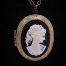 Civil War Vintage Antique Style Woman's Cameo Locket in Black & White Brasstone