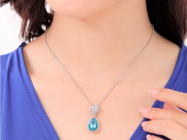 WHITE GOLD PLATED BLUE DROP CZECH CRYSTAL SET
