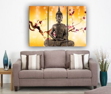 Framed Huge Size 3 Panel Home D&Atilde;&copy;cor Flowers Religion Buddha Oil Painting On Canvas Stretched