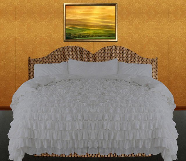 1000 TC Egyptian Cotton Waterfall Ruffle Duvet Set Queen Size silver