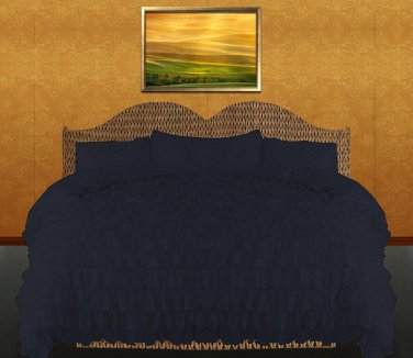 1000 TC Egyptian Cotton Waterfall Ruffle Duvet Set King Size Navy Blue Solid