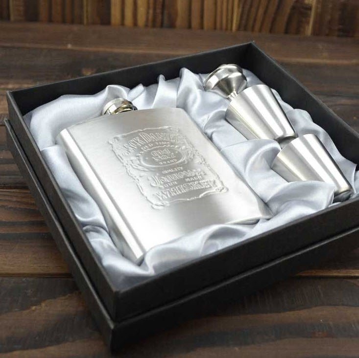 7oz Jack Daniels Hip Flask Canteen Gift Set Box Stainless Steel