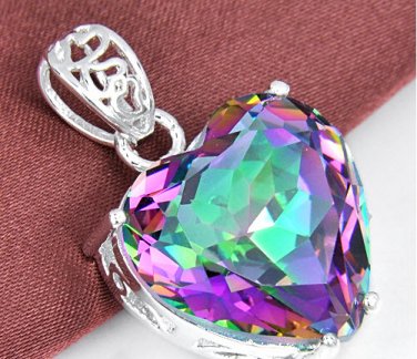 Huge 43.ct Rainbow Fire Topaz 925 Sterling Silver Heart Pendant