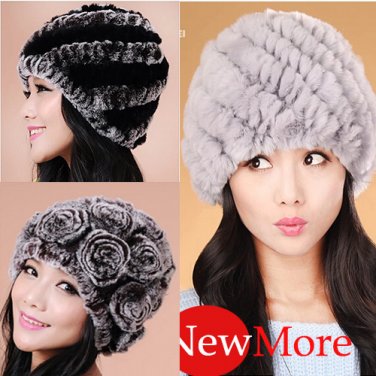 Genuine Real Rex Rabbit Fur Womens Winter Hat Bonnet Cap Beanie