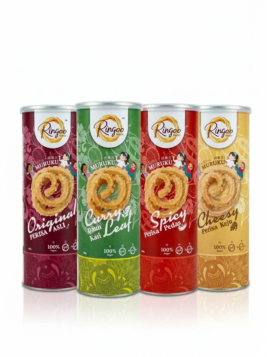 Ringoo Traditional Muruku Variety Pack &acirc;�� Mixed (3x Original, 3x Spicy, 3x Curry Leaf, 3x Cheezy)