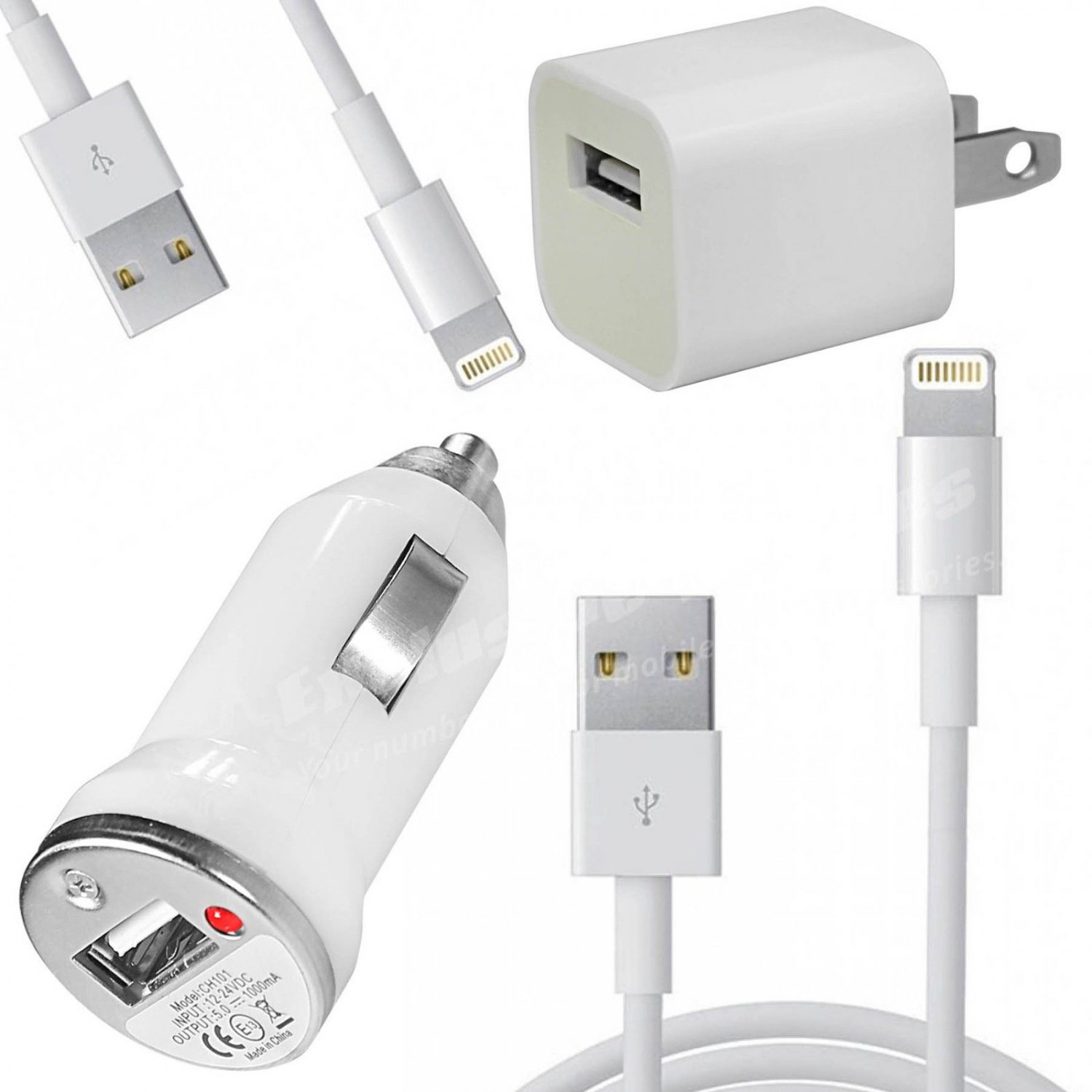 USB Home AC Wall + Car Charger + 2 x 8 Pin Data Sync Cable For iPhone 5 5S 5C 5G