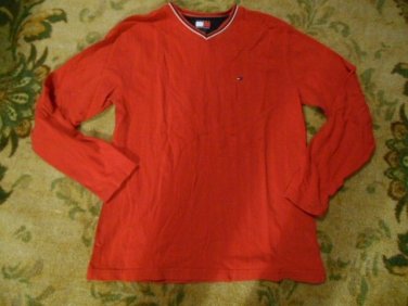 (Men-M) Tommy Hilfiger red long sleeves soft ribbed v-neck sweater top