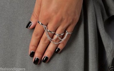 NEW 4 Finger Knuckle Armor Cage Ring Slave Chain Adjustable Silver Gold