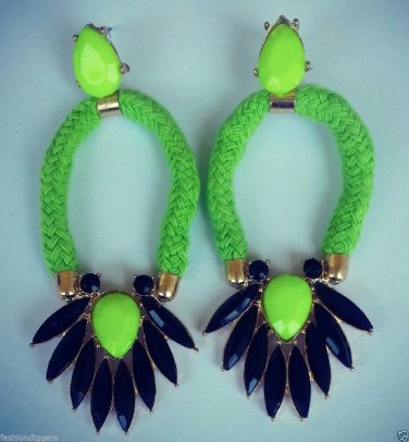 Bright NEON Green Yellow Cabochon POP Rope Rhinestone Summer GLAM Earrings