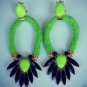 Bright NEON Green Yellow Cabochon POP Rope Rhinestone Summer GLAM Earrings