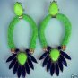Bright NEON Green Yellow Cabochon POP Rope Rhinestone Summer GLAM Earrings