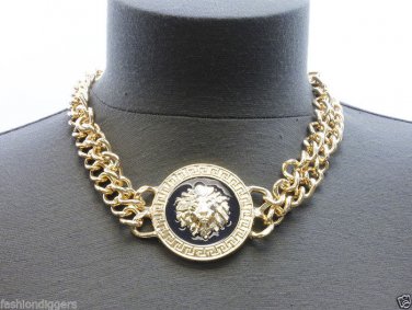 SET Lion Medallion Curb Chain Collar Gold Silver Celebirty Lot Earrings Necklace