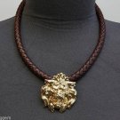 Braided Cord Rhinestone Lion Medallion Choker Collar Gold Celebrity Necklace