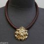 Braided Cord Rhinestone Lion Medallion Choker Collar Gold Celebrity Necklace