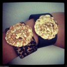 Genuine Leather Big Lion Face Medallion Vintage Cheetah Celeb Cuff Bracelet