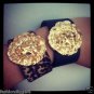 Genuine Leather Big Lion Face Medallion Vintage Cheetah Celeb Cuff Bracelet
