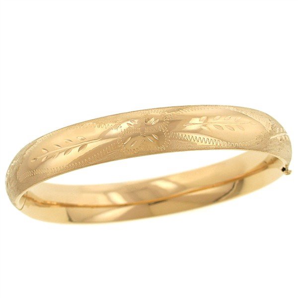 14k Gold bangle bracelet 10mm Flower Design Polished and Brushed Bangle ...