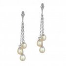 Silver with Rhodium Finish Shiny Triple Link Cable Chain Triple Pearl Fancy Earring