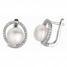 Silver with Rhodium Finish Shiny Open Round Cubic Zirconia Leverback Earring White Pearl