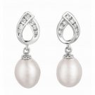 Silver with Rhodium Finish Shiny White Pearl Fancy Tear Drop Cubic Zirconic Earring
