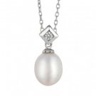 Sterling Silver Rhodium Finish White Pearl Fancy Cubic Zirconia Pendant on Cable Chain