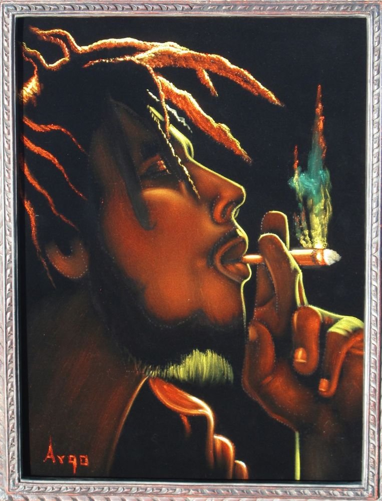 TITLE Bob Marley smoking ARTISTArgoMEDIUMOil on black VelvetSIZE18 x 24 Arg...