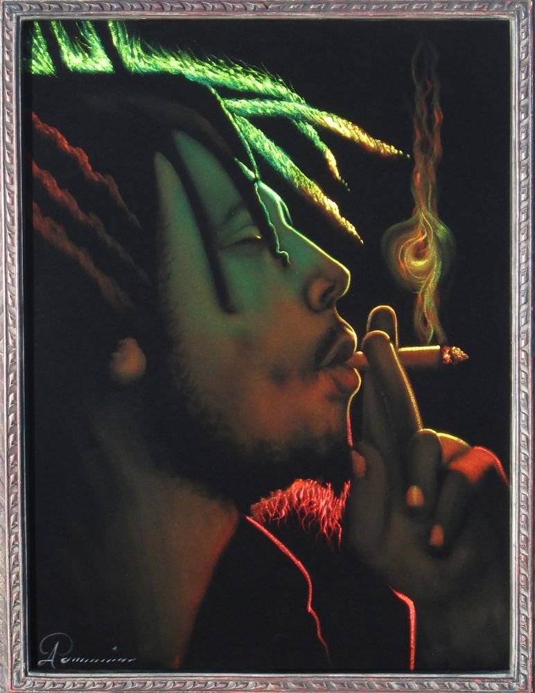 Bob Marley smoking joint weed marijuana Oil Painting Art Mexican Black Velv...