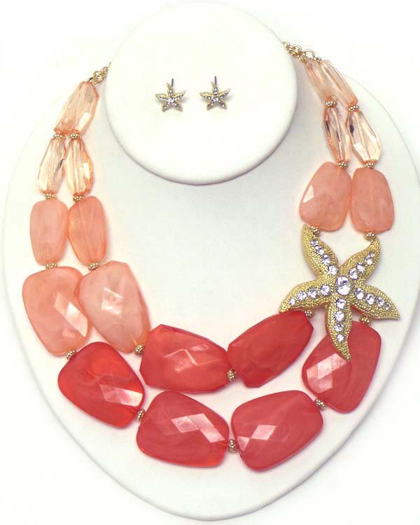 Crystal starfish and facet resin stone double chain necklace earring set