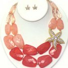 Crystal starfish and facet resin stone double chain necklace earring set