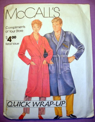 McCall's 0011 Women's and Men's Robe Size Small, Medium, Large, X-Large Sewing Pattern Uncut