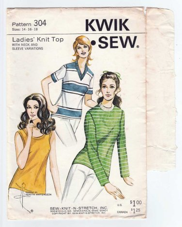Women's Knit Top Sewing Pattern Size 14-16-18 Uncut Vintage 1970's Kwik Sew 304
