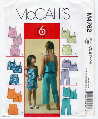 Toddler Girls' Tops, Skorts, Shorts & Capri Pants Sewing Pattern Size 3-4-5-6 Uncut McCall's 4762