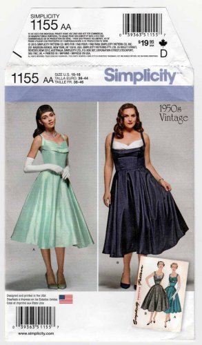 1950's Style Special Occasion Dress Sewing Pattern, Size 10-12-14-16-18 Uncut Simplicity 1155