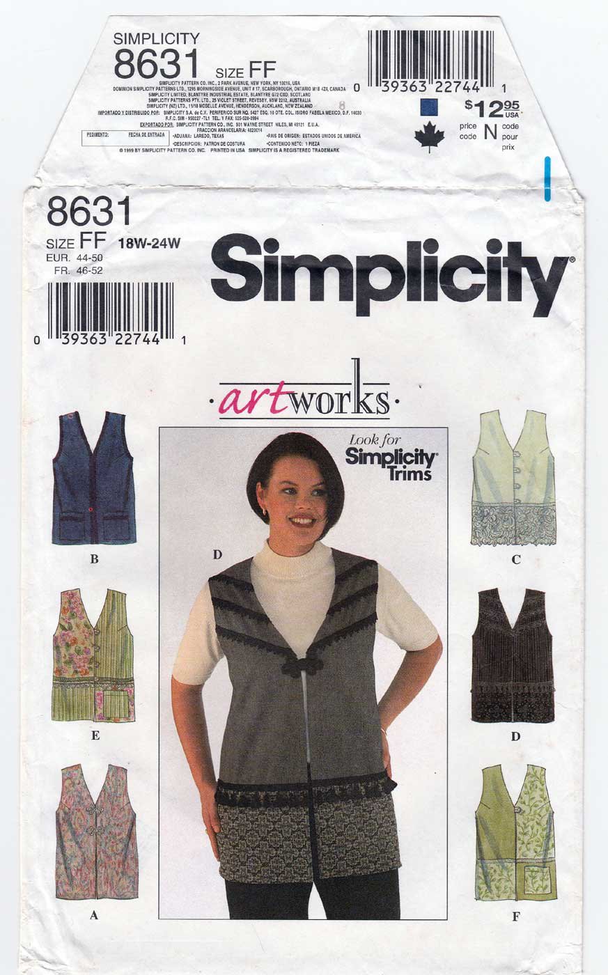 Simplicity 9630 Size A Easy to Sew Pattern 90s 3 View Vest Pattern Uncut 6-24 Women's Vest with Buttons