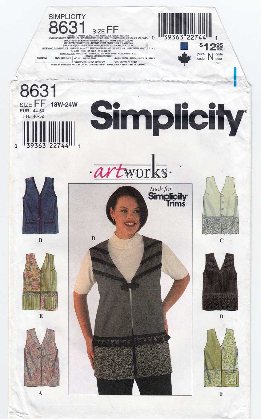 Women's Vest Sewing Pattern Plus Size 18W-20W-22W-24W UNCUT Simplicity 8631