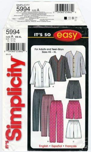Pajamas Sewing Pattern for Adults, Size XS-S-M-L-XL UNCUT Simplicity 5994