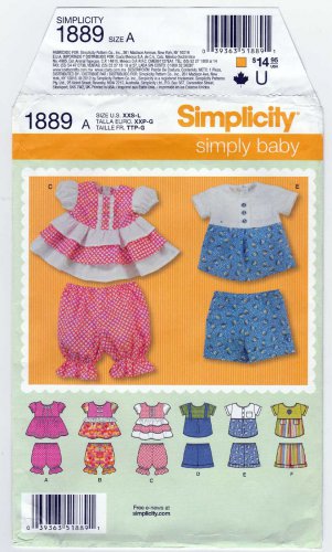 Babies' Tops, Panties and Shorts Sewing Pattern Size XXS-XS-S-M-L UNCUT Simplicity 1889