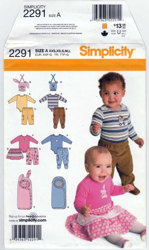 Simplicity 2291 Babies' Pants, Skirt, Bib, Bodysuit and Bunting Pattern Size XXS-XS-S-M-L UNCUT