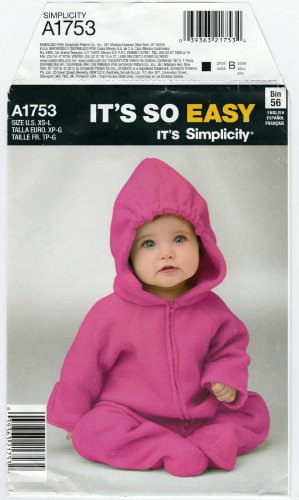 Baby Costume, Zip Front with Hood, Sewing Pattern Size XS-S-M-L UNCUT Simplicity 1753 A1753