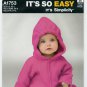 Baby Costume, Zip Front with Hood, Sewing Pattern Size XS-S-M-L UNCUT Simplicity 1753 A1753