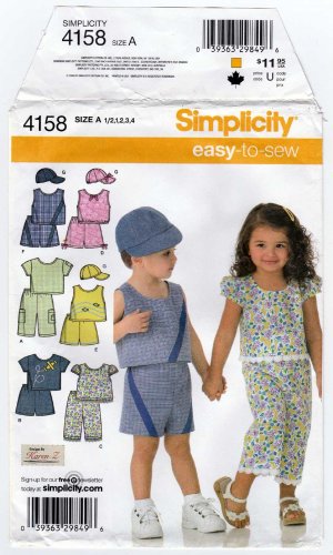 Toddlers' Cropped Pants, Shorts, Tops, Cap Sewing Pattern Size 1/2-1-2-3-4 UNCUT Simplicity 4158
