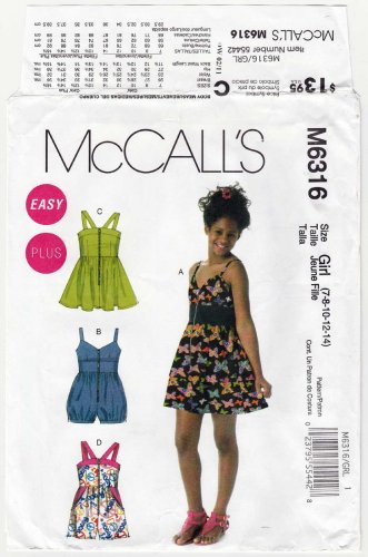Girl's Dress and Romper Sewing Pattern Size 7-8-10-12-14 UNCUT McCall's M6316 6316