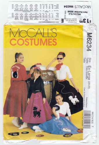 50's Costume, Poodle Skirt, Jacket, Top Women's Sewing Pattern Size XL 20-22 UNCUT McCall's M6234