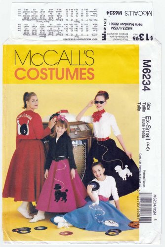 50's Costume, Poodle Skirt, Jacket, Top Women's Pattern Size X-Small 4-6 UNCUT McCall's M6234