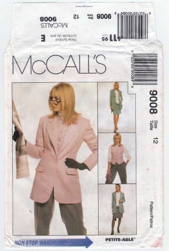 Lined Jacket, Vest, Pants, Skirt Sewing Pattern, Misses' Size 12 UNCUT McCall's 9008