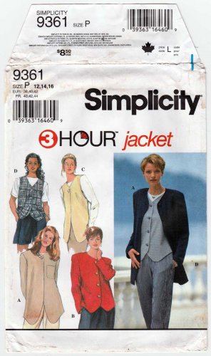 Women's Jacket and Vests, 3 Hour Sewing Pattern Size 12-14-16 UNCUT Simplicity 9361